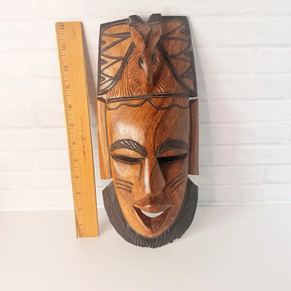 Hand Carved Wood African Mask Wooden With Elephant Head & Trunk 12”